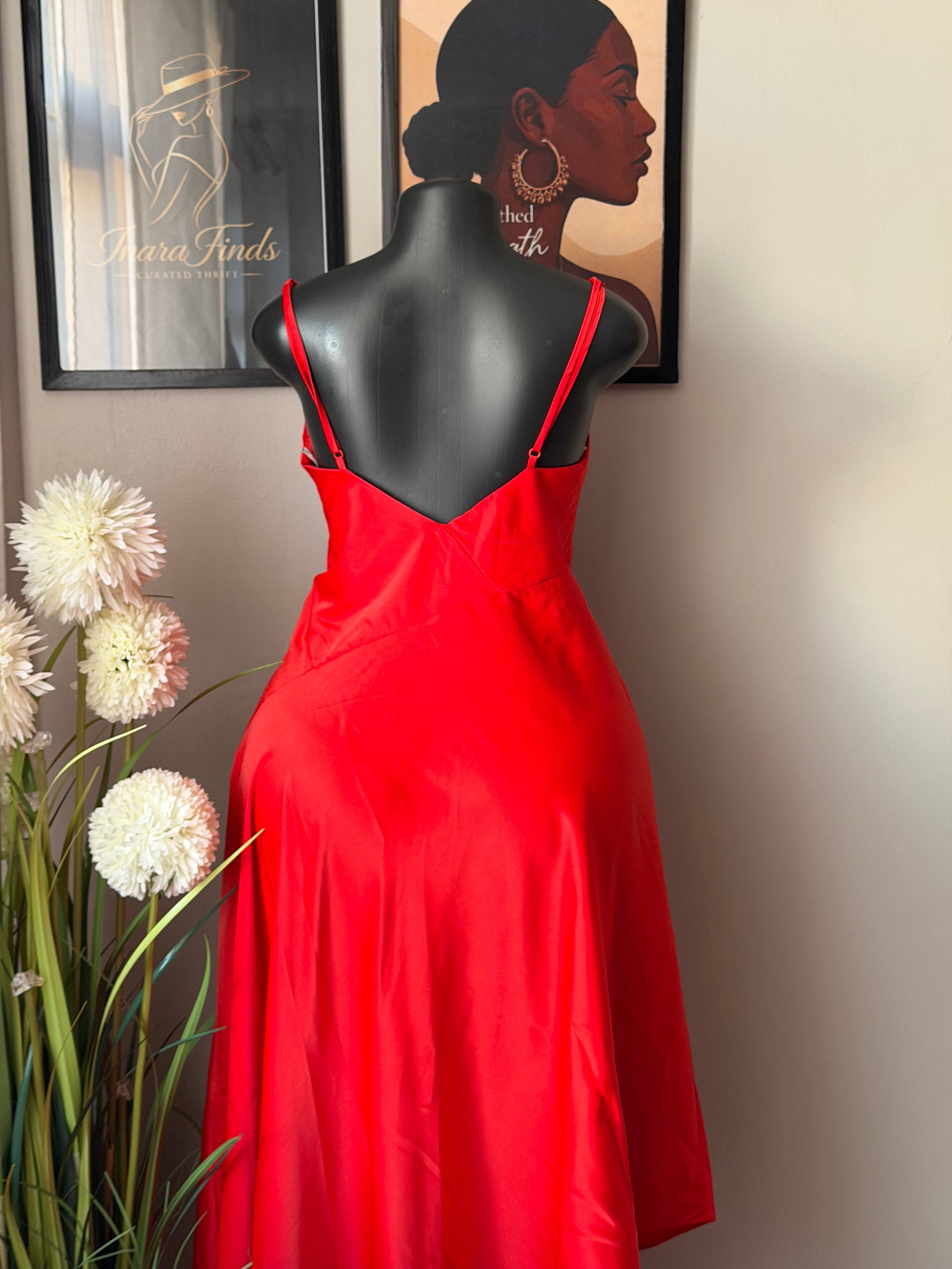 Crimson red V-Neck Satin Asymmetric Dress