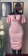 A pink off-the-shoulder ruched midi dress displayed on a black mannequin torso indoors, with framed wall art and a plant visible in the background.