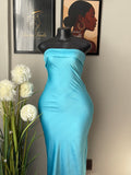 Bright blue satin strapless dress