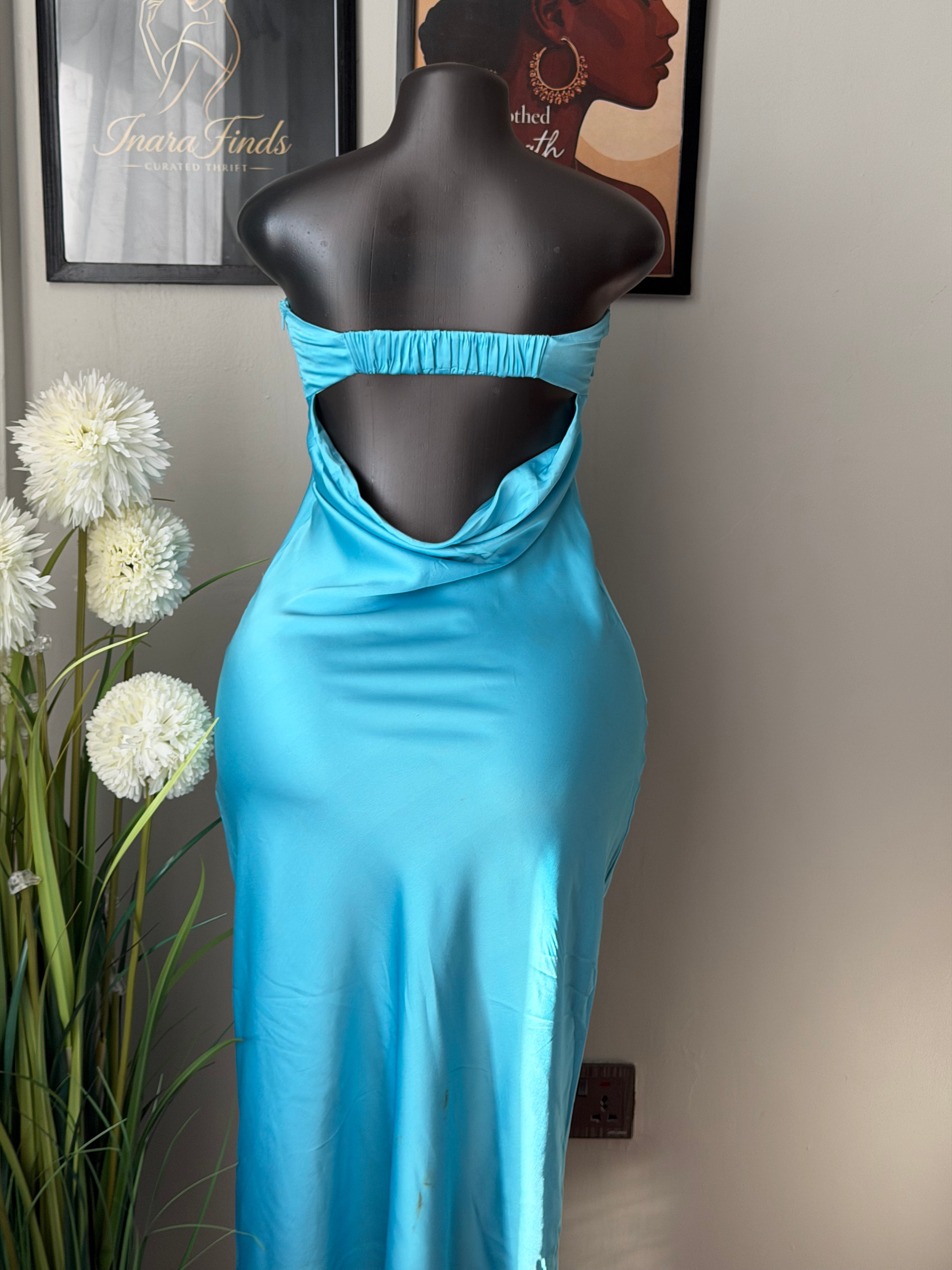 Bright blue satin strapless dress