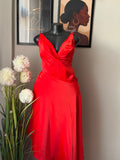 Crimson red V-Neck Satin Asymmetric Dress