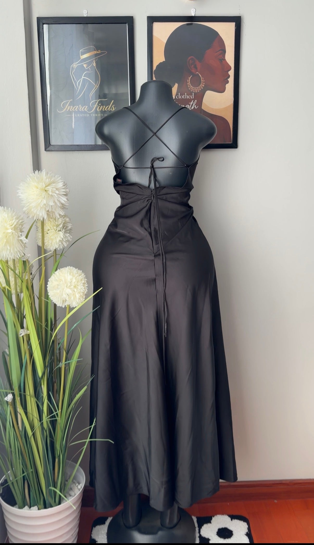 Black satin slip dress