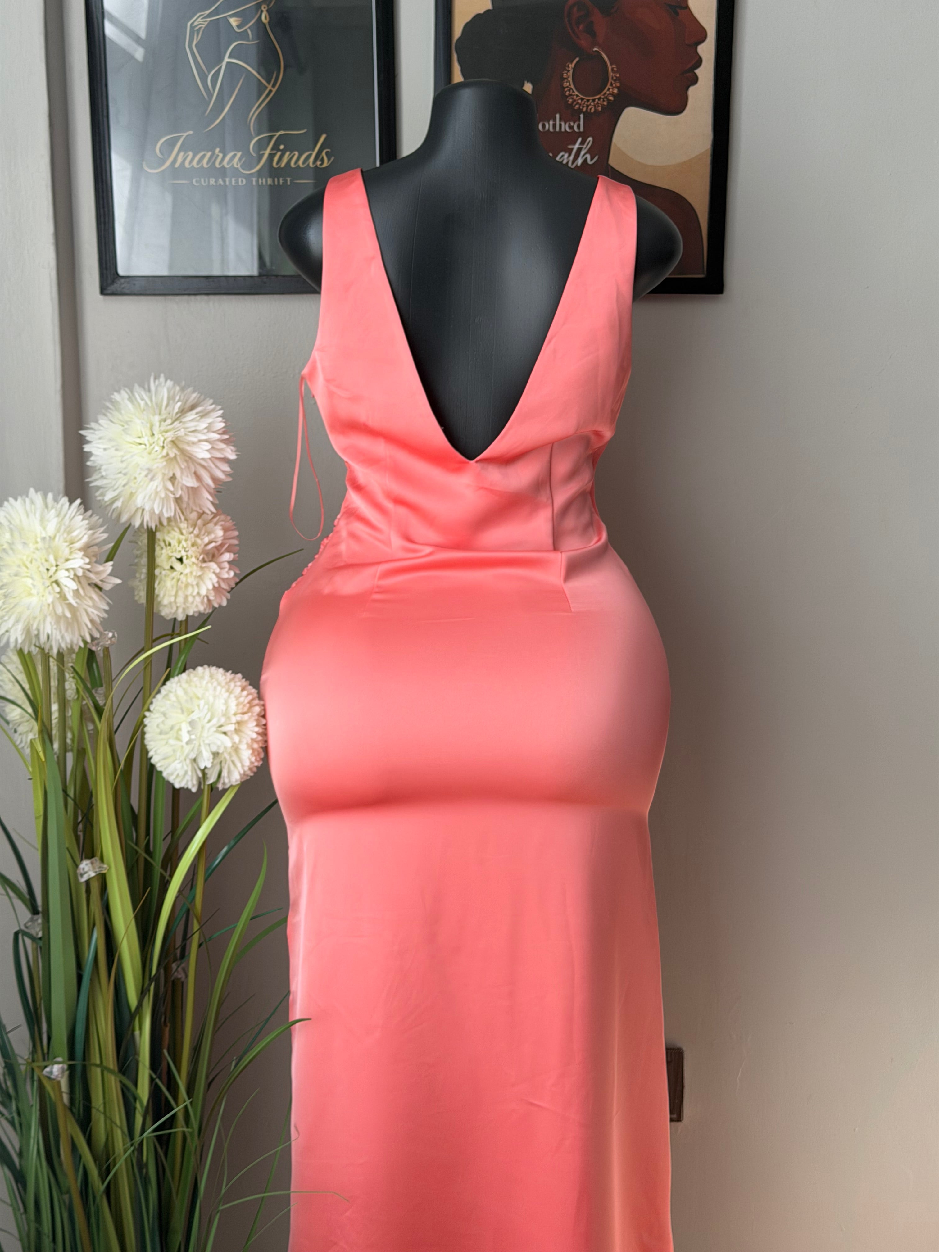 Coral pink v-neck satin body-con